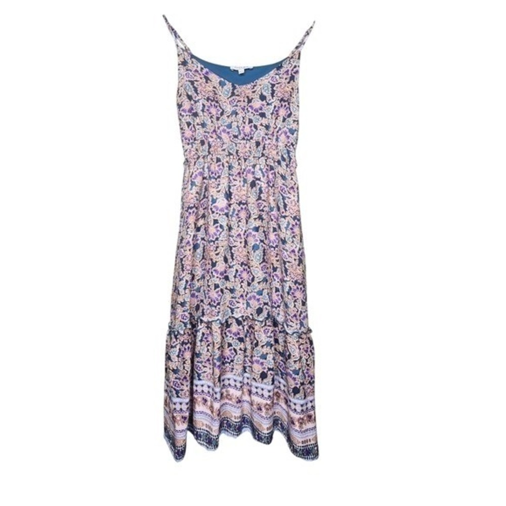 Gilli Sleeveless Dress Tiered Midi Floral Strappy V-Neck Blue Purple Sundress S